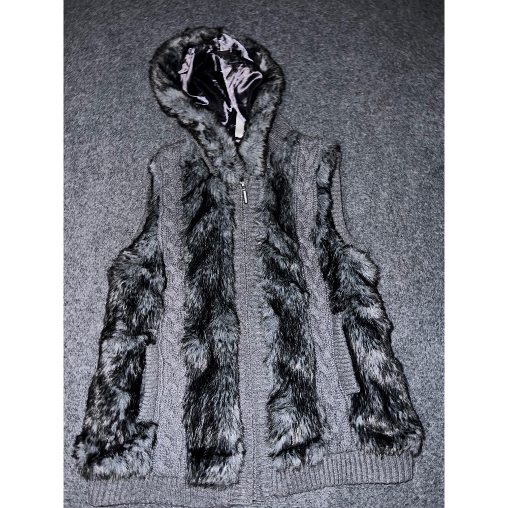 Green Tea Gray Faux Fur Cable Knit Hooded Vest Full Zip Small